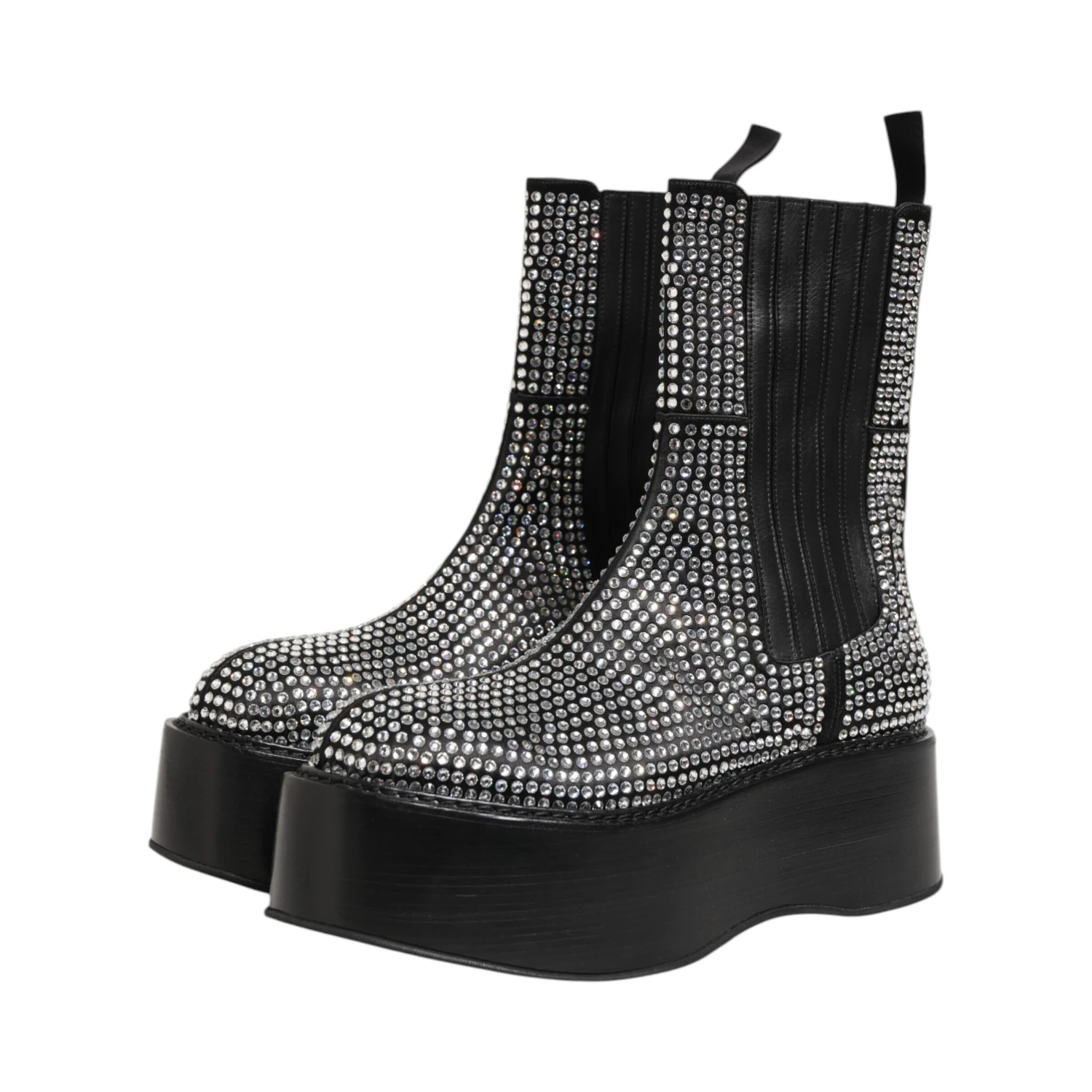 Black Crystal Strass Mid Calf Short Boots  Shoes