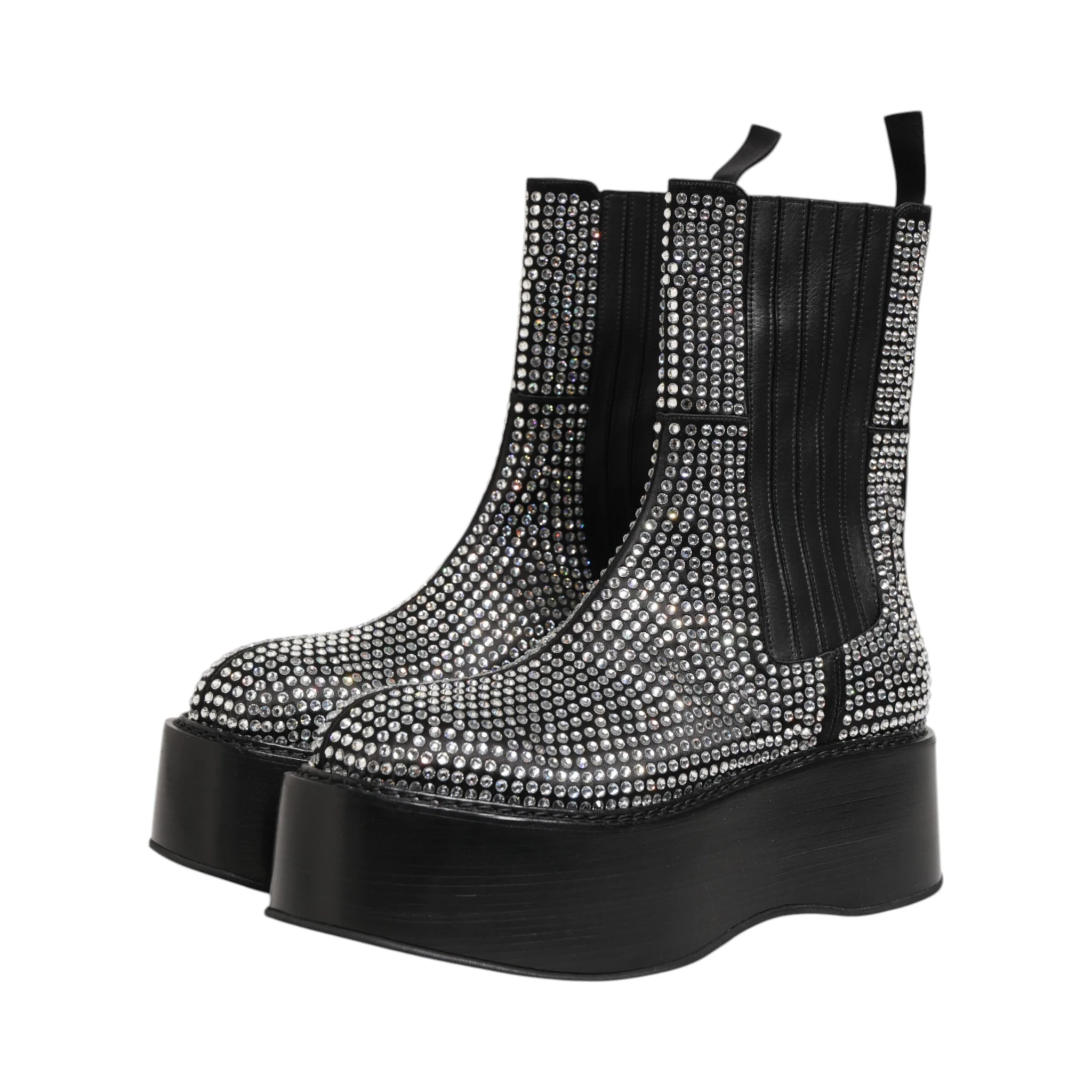 Black Crystal Strass Mid Calf Short Boots  Shoes