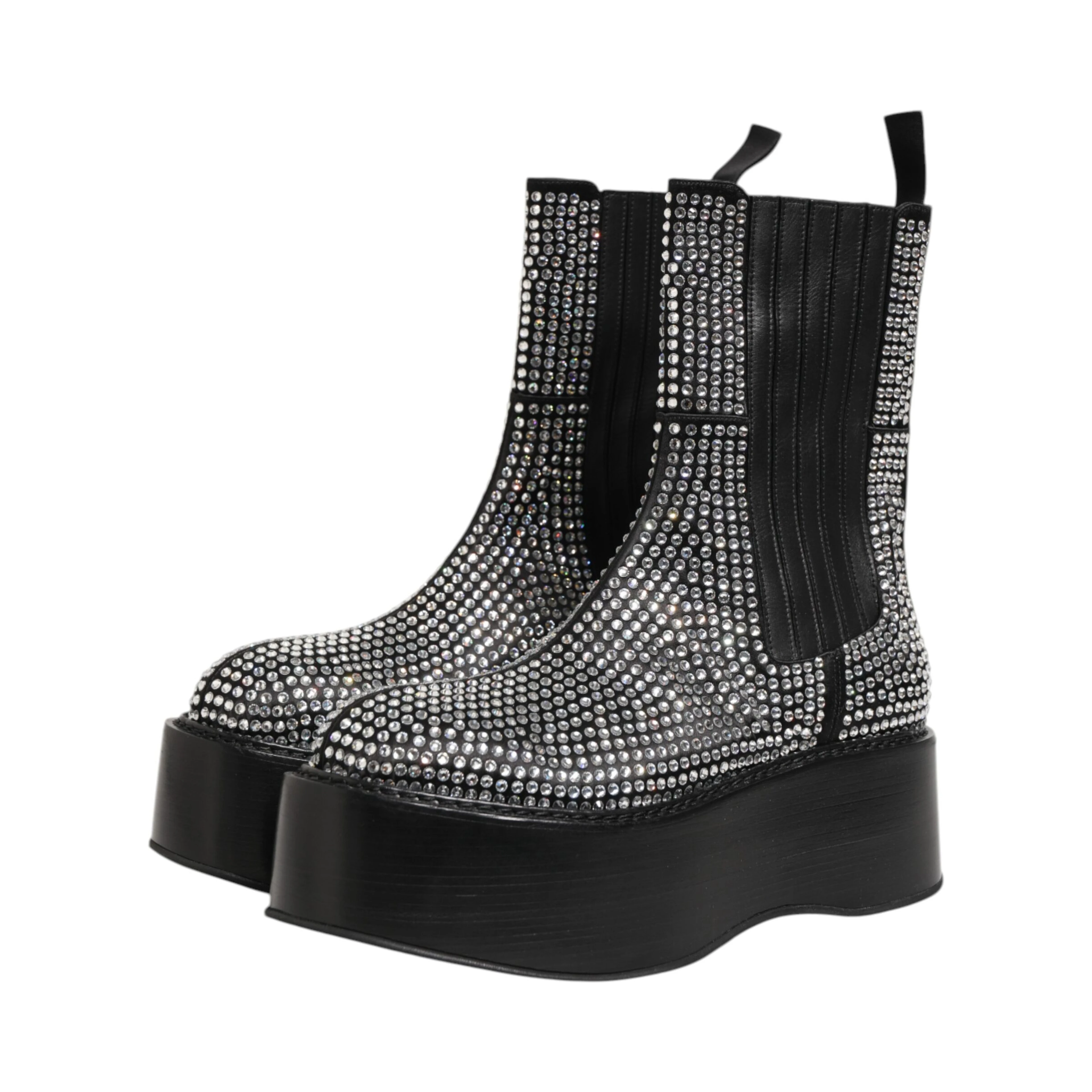 Black Crystal Strass Mid Calf Short Boots  Shoes