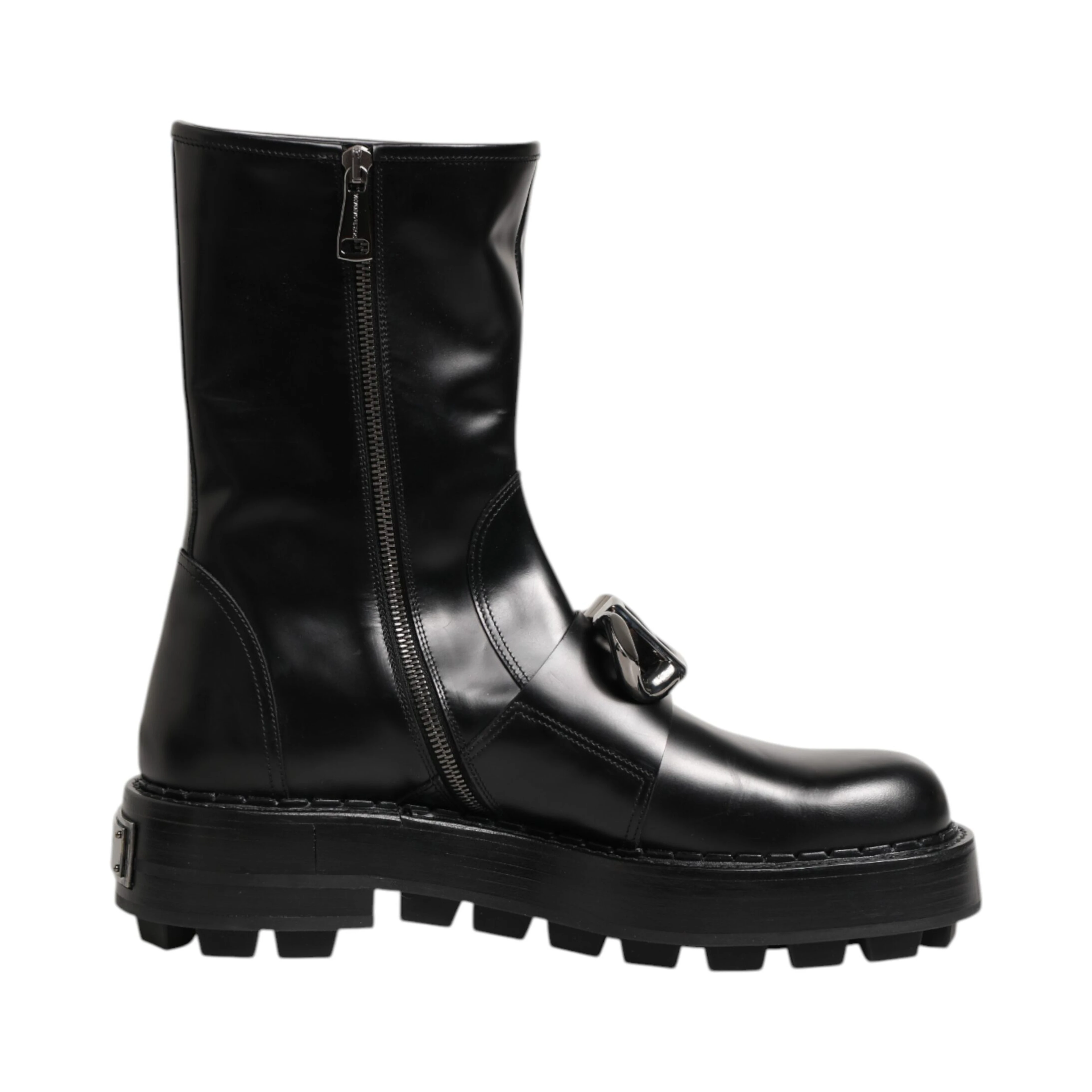 Black Logo Plaque Mid Calf Biker Boots Shoes