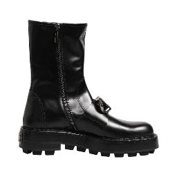 Black Logo Plaque Mid Calf Biker Boots Shoes