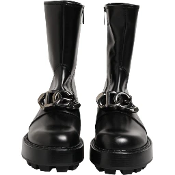 Black Logo Plaque Mid Calf Biker Boots Shoes