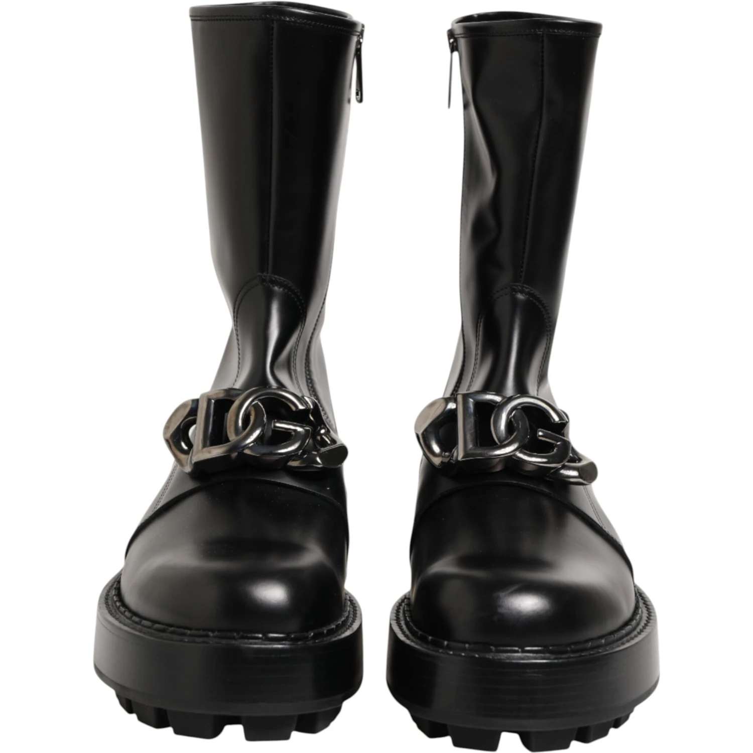 Black Logo Plaque Mid Calf Biker Boots Shoes