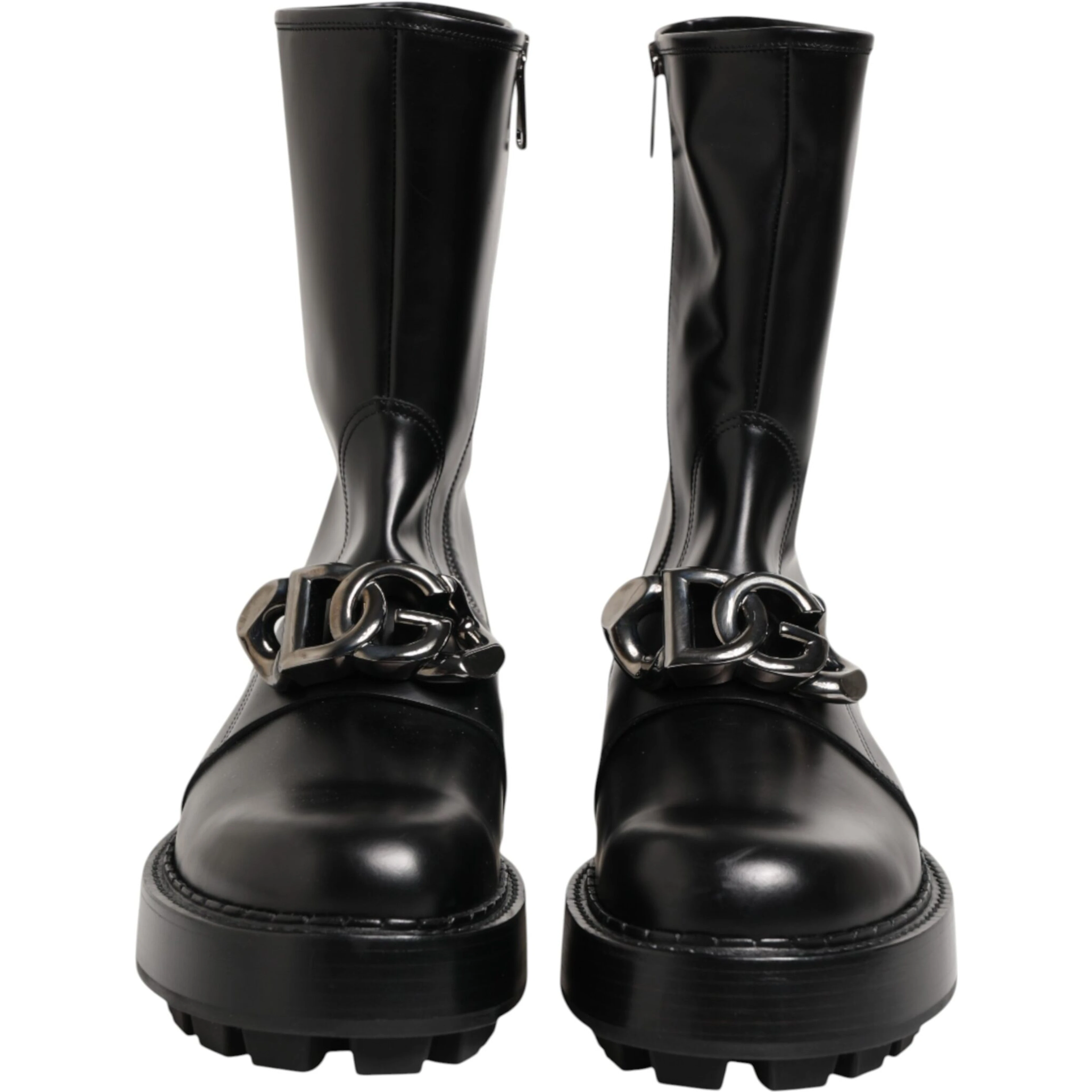 Black Logo Plaque Mid Calf Biker Boots Shoes