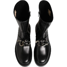 Black Logo Plaque Mid Calf Biker Boots Shoes