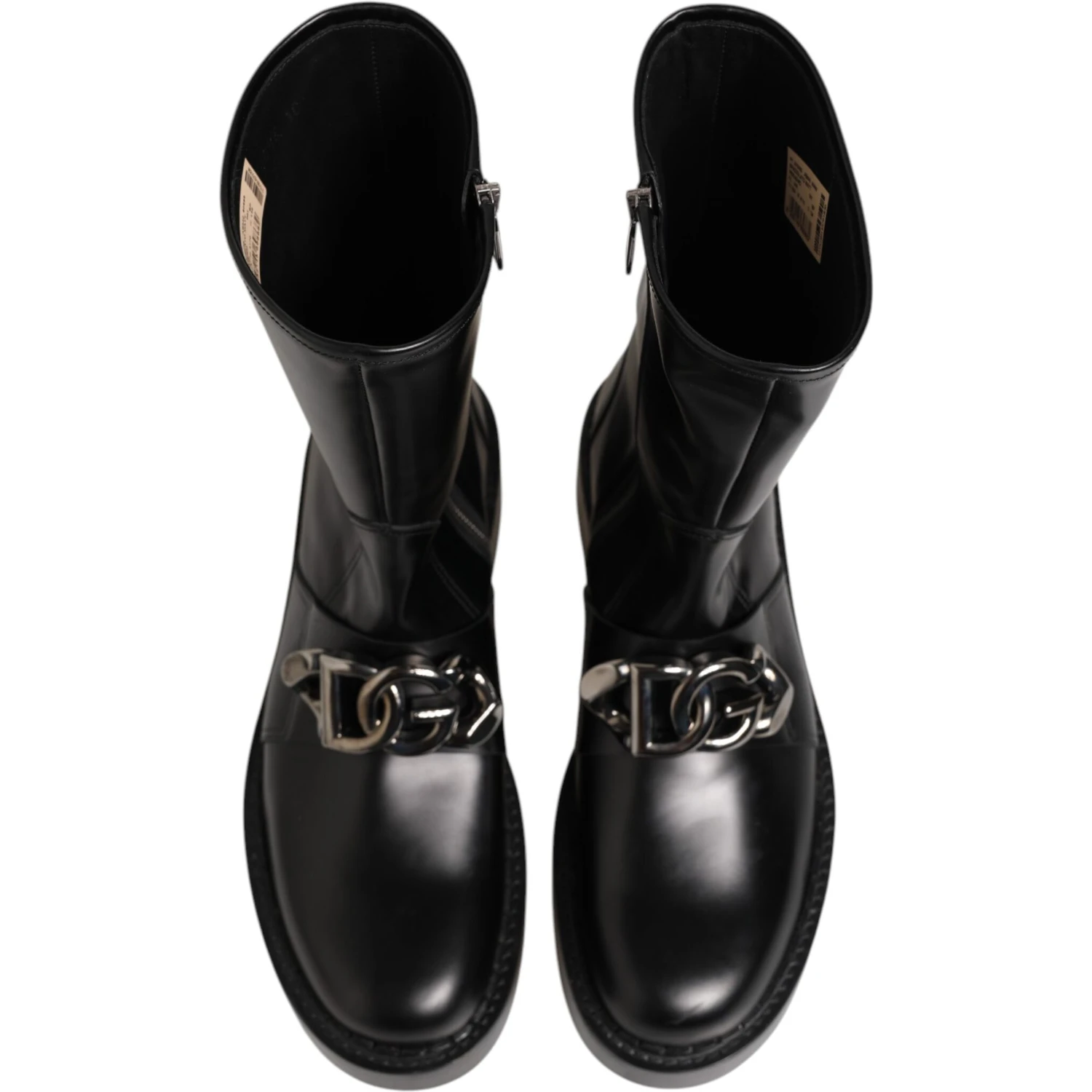 Black Logo Plaque Mid Calf Biker Boots Shoes
