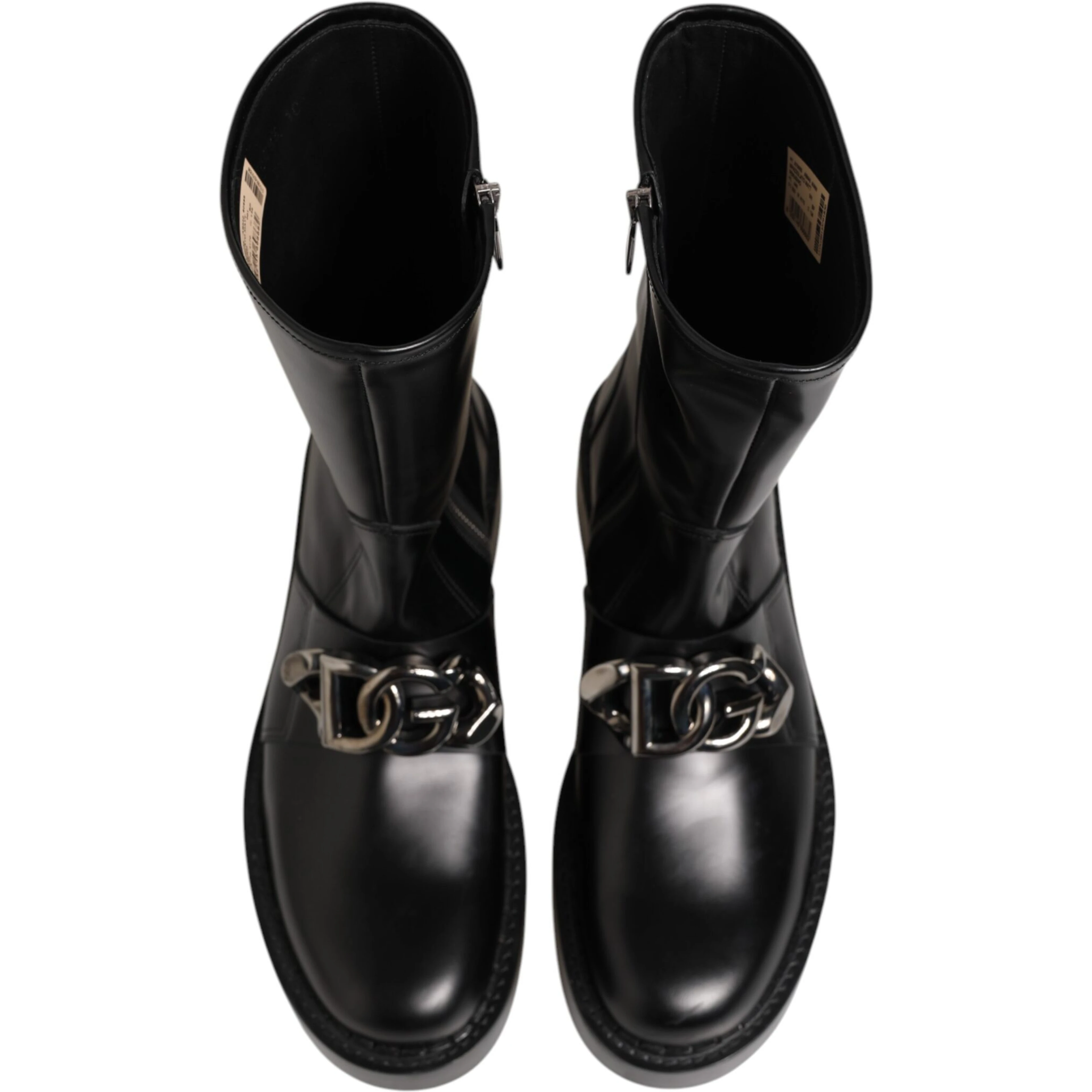Black Logo Plaque Mid Calf Biker Boots Shoes