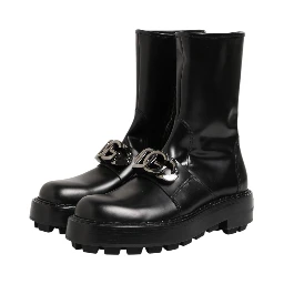 Black Logo Plaque Mid Calf Biker Boots Shoes
