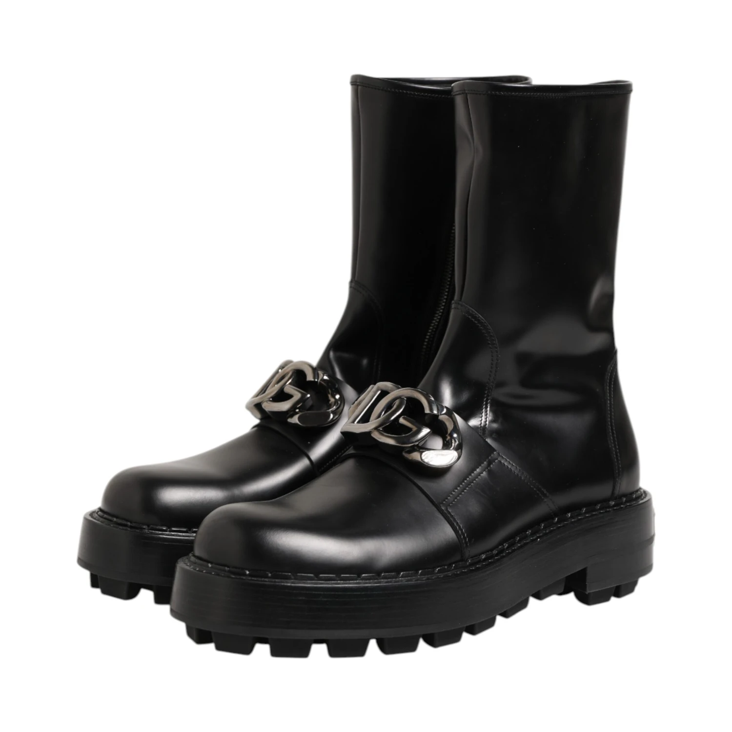 Black Logo Plaque Mid Calf Biker Boots Shoes
