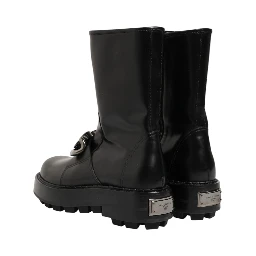 Black Logo Plaque Mid Calf Biker Boots Shoes