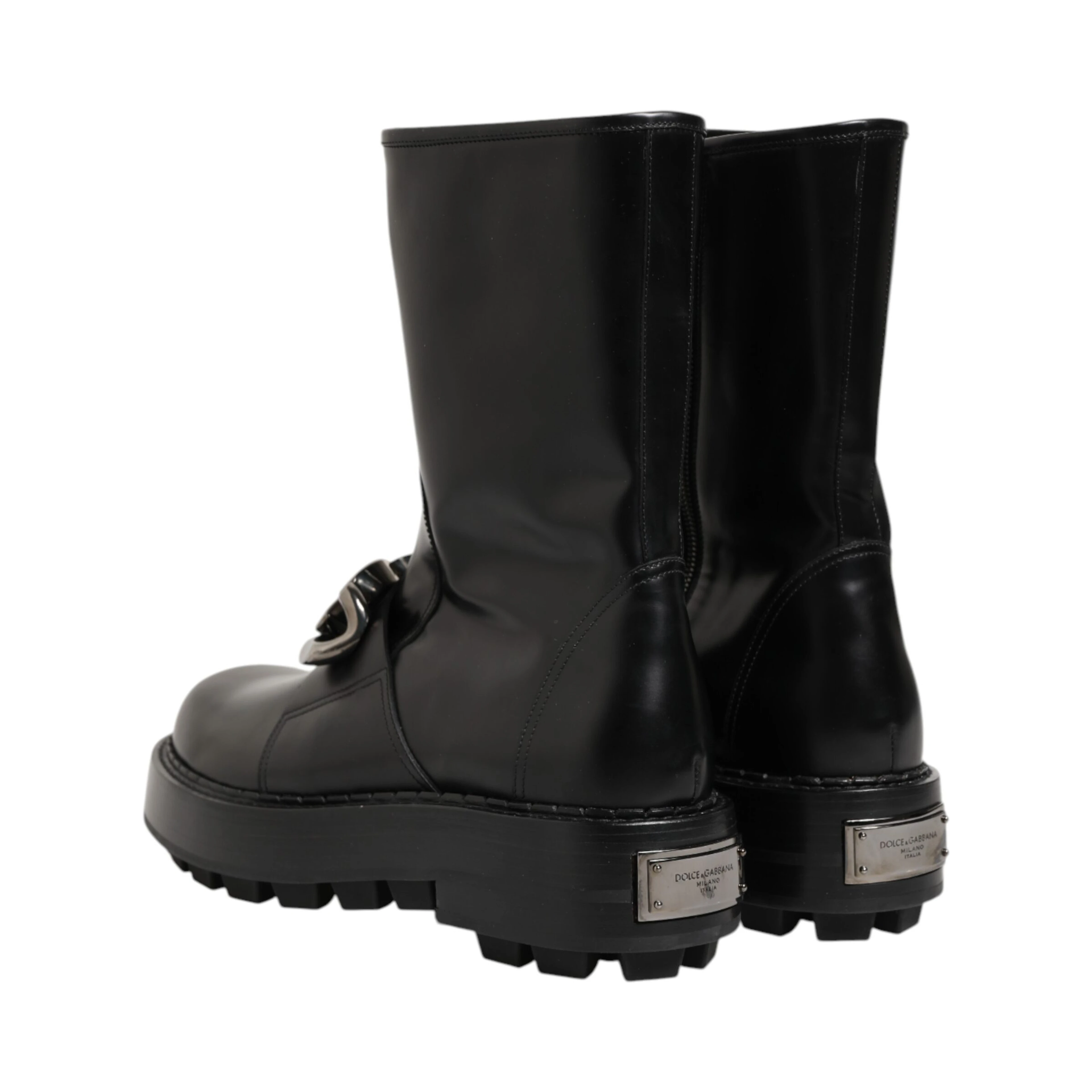 Black Logo Plaque Mid Calf Biker Boots Shoes