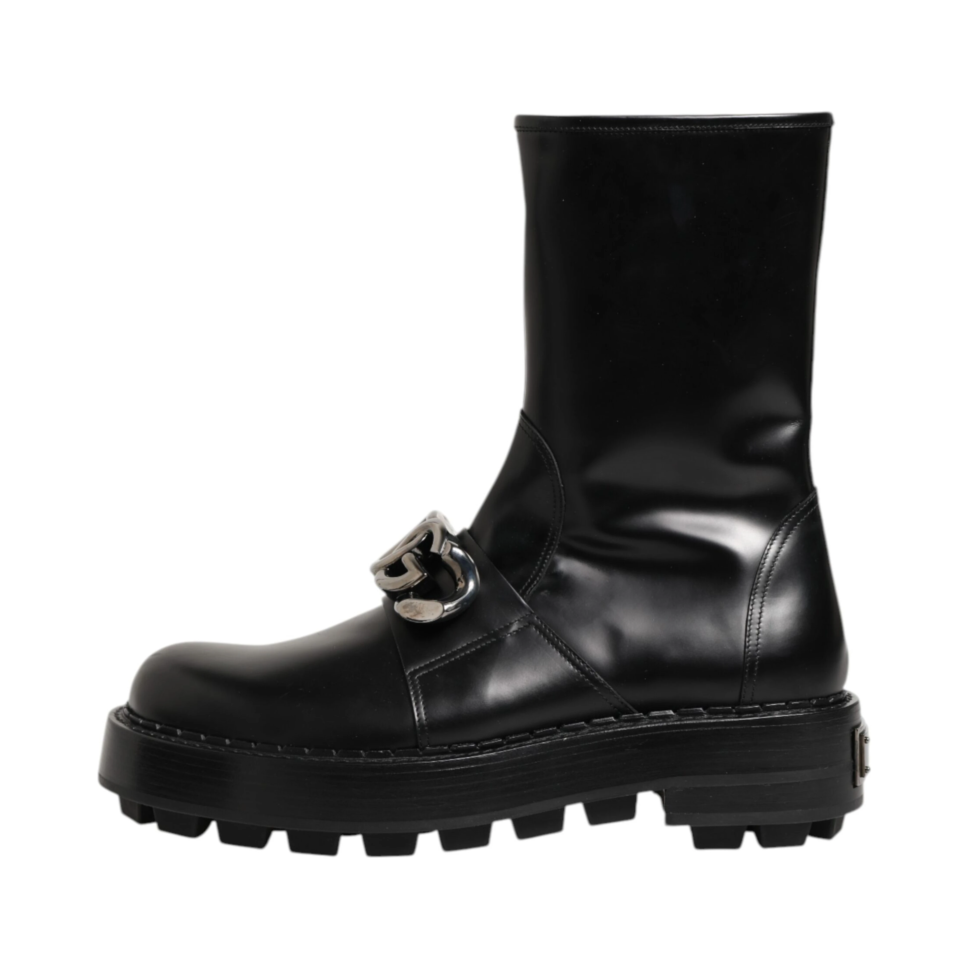 Black Logo Plaque Mid Calf Biker Boots Shoes