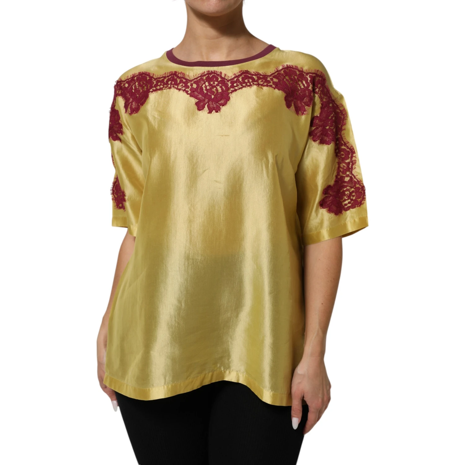 Yellow Silk Satin Floral Lace Short Sleeves Top