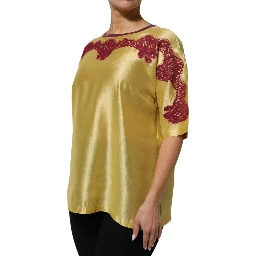 Yellow Silk Satin Floral Lace Short Sleeves Top