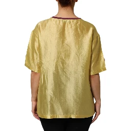 Yellow Silk Satin Floral Lace Short Sleeves Top