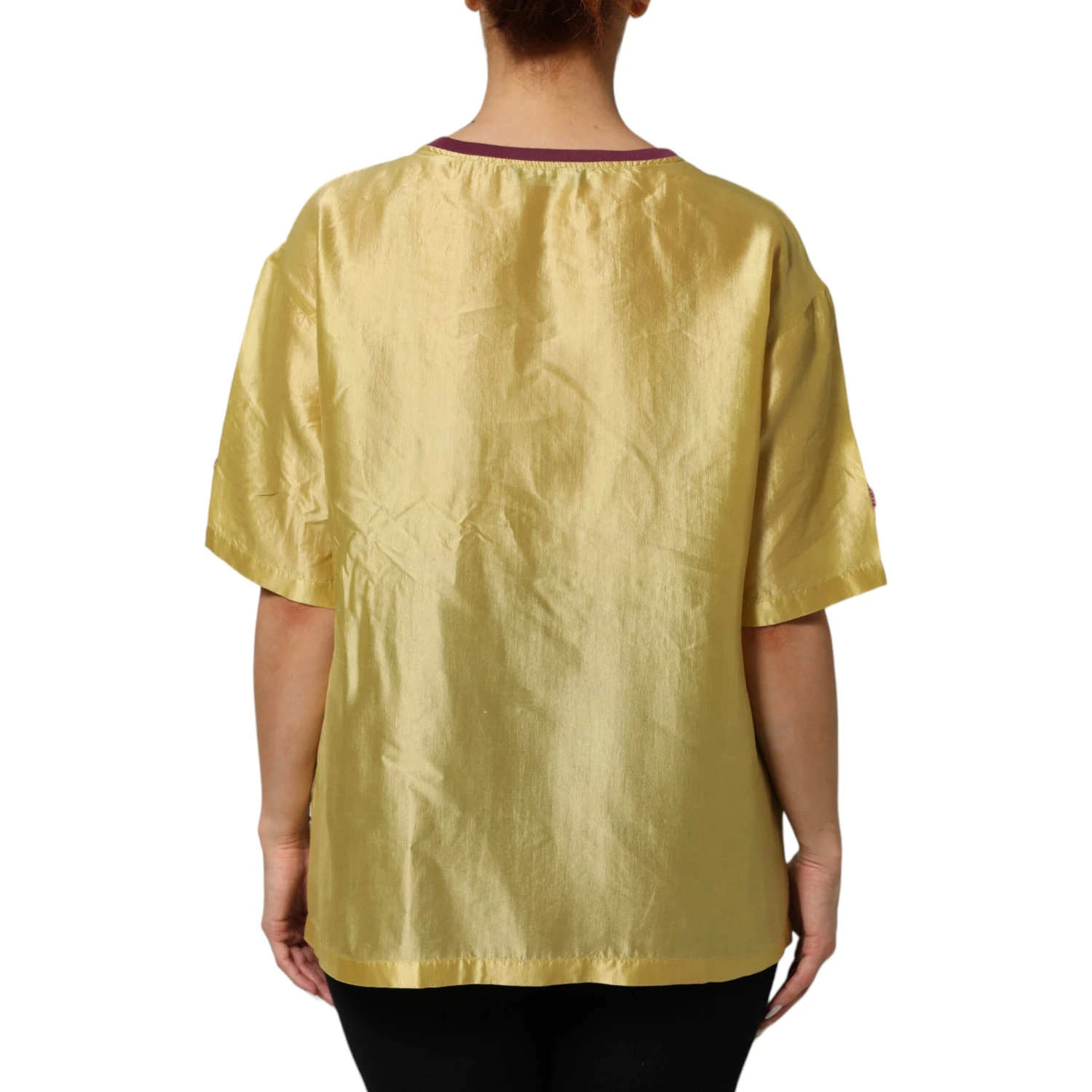 Yellow Silk Satin Floral Lace Short Sleeves Top