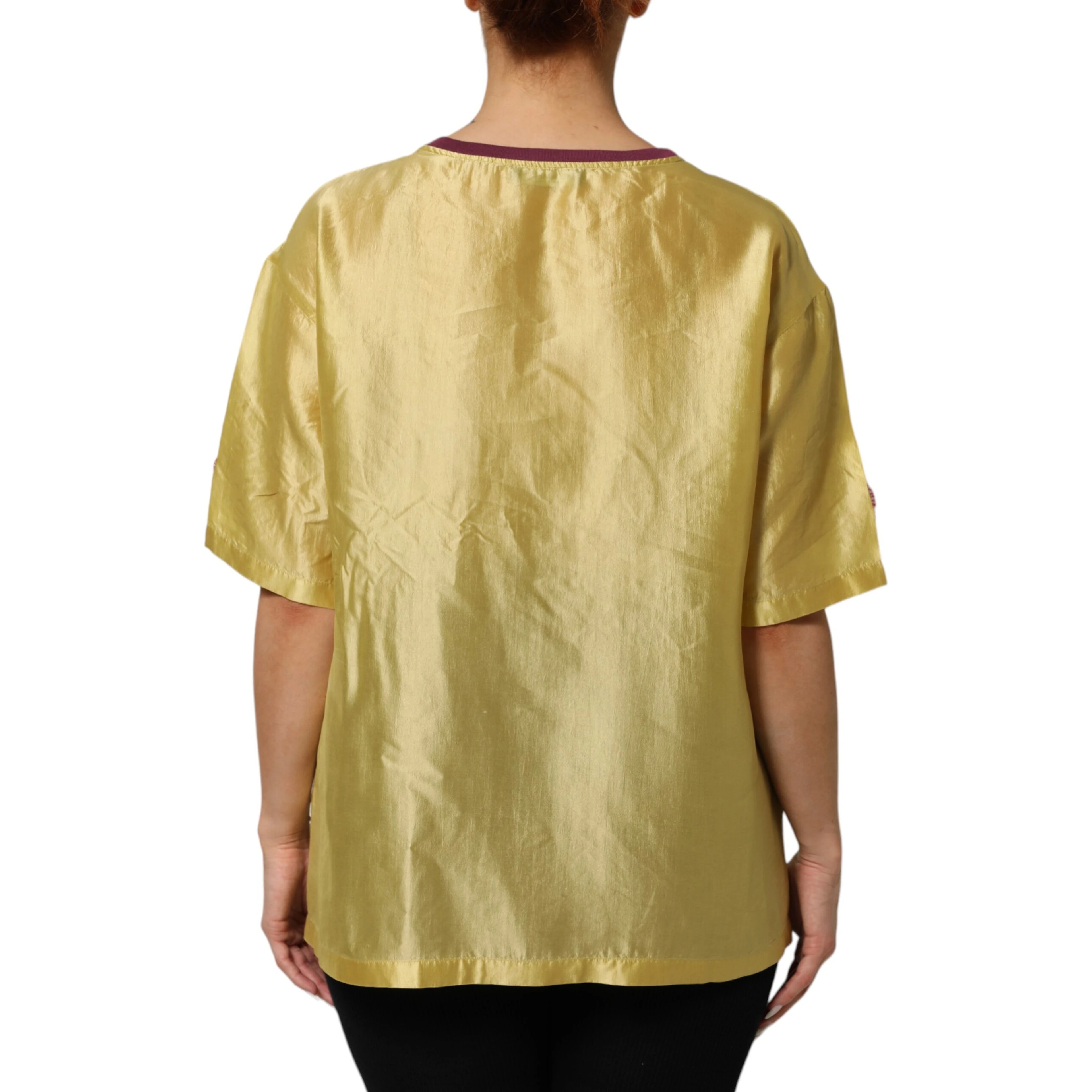 Yellow Silk Satin Floral Lace Short Sleeves Top