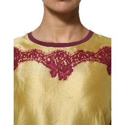 Yellow Silk Satin Floral Lace Short Sleeves Top