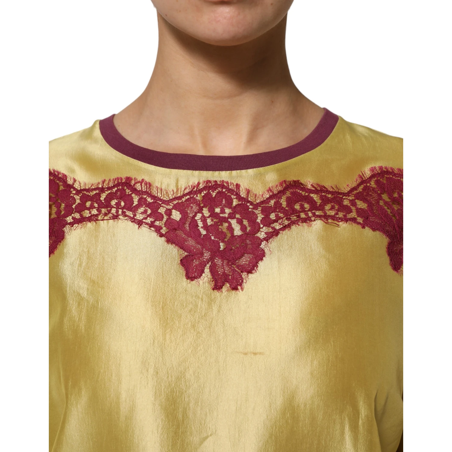 Yellow Silk Satin Floral Lace Short Sleeves Top