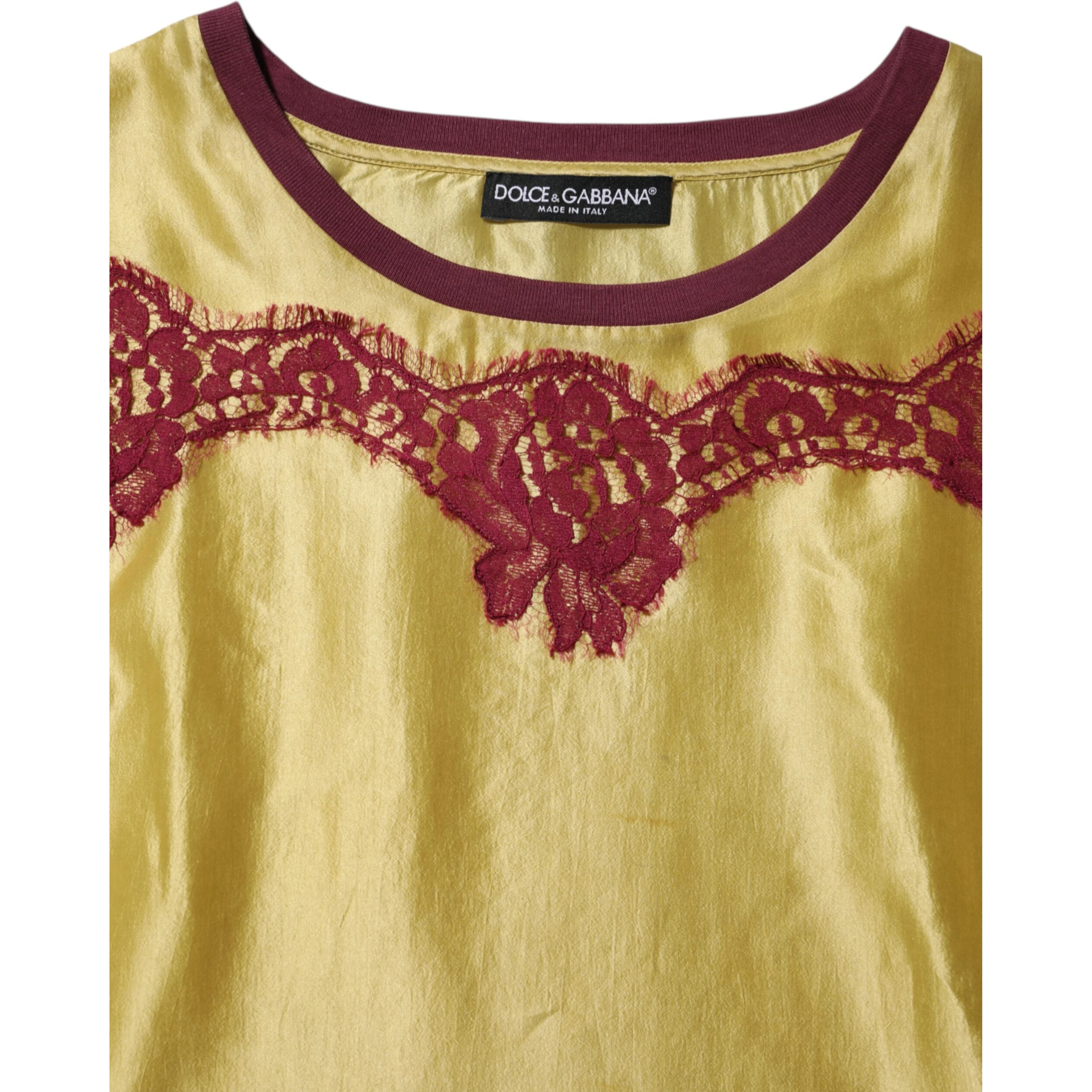 Yellow Silk Satin Floral Lace Short Sleeves Top