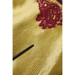 Yellow Silk Satin Floral Lace Short Sleeves Top