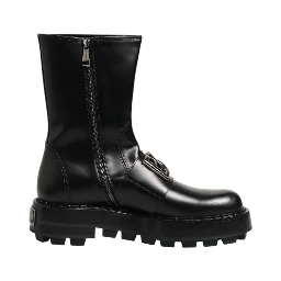 Black Logo Plaque Mid Calf Biker Boots Shoes