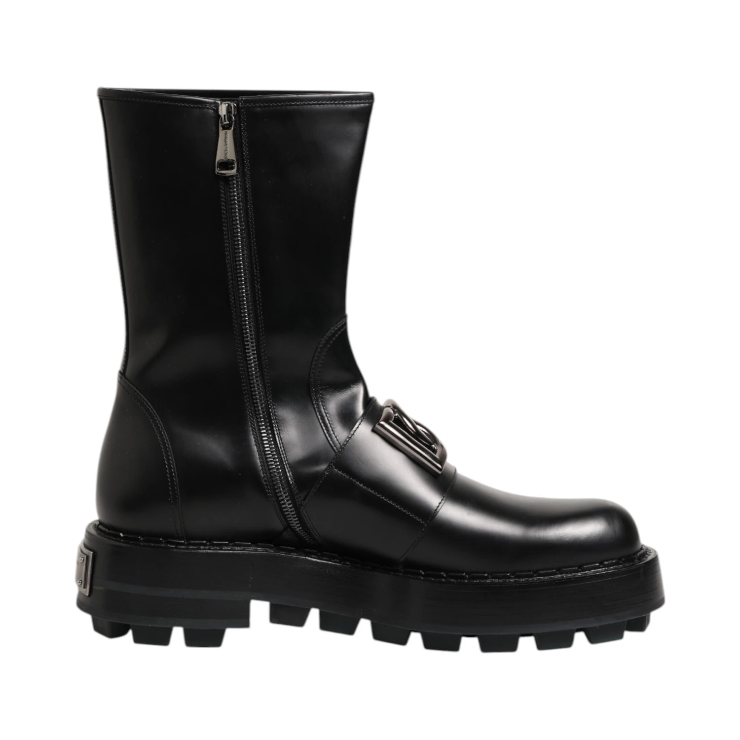 Black Logo Plaque Mid Calf Biker Boots Shoes