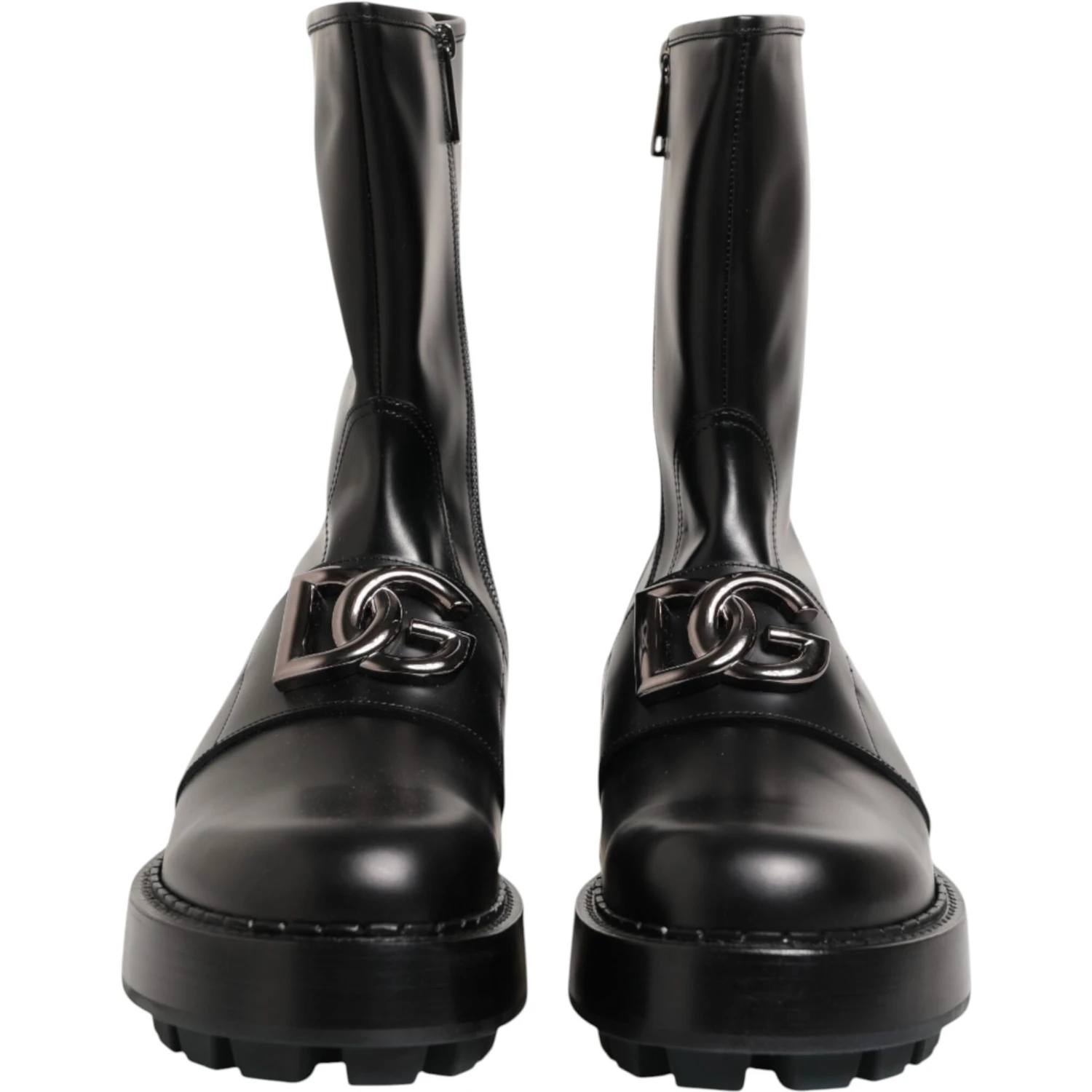 Black Logo Plaque Mid Calf Biker Boots Shoes