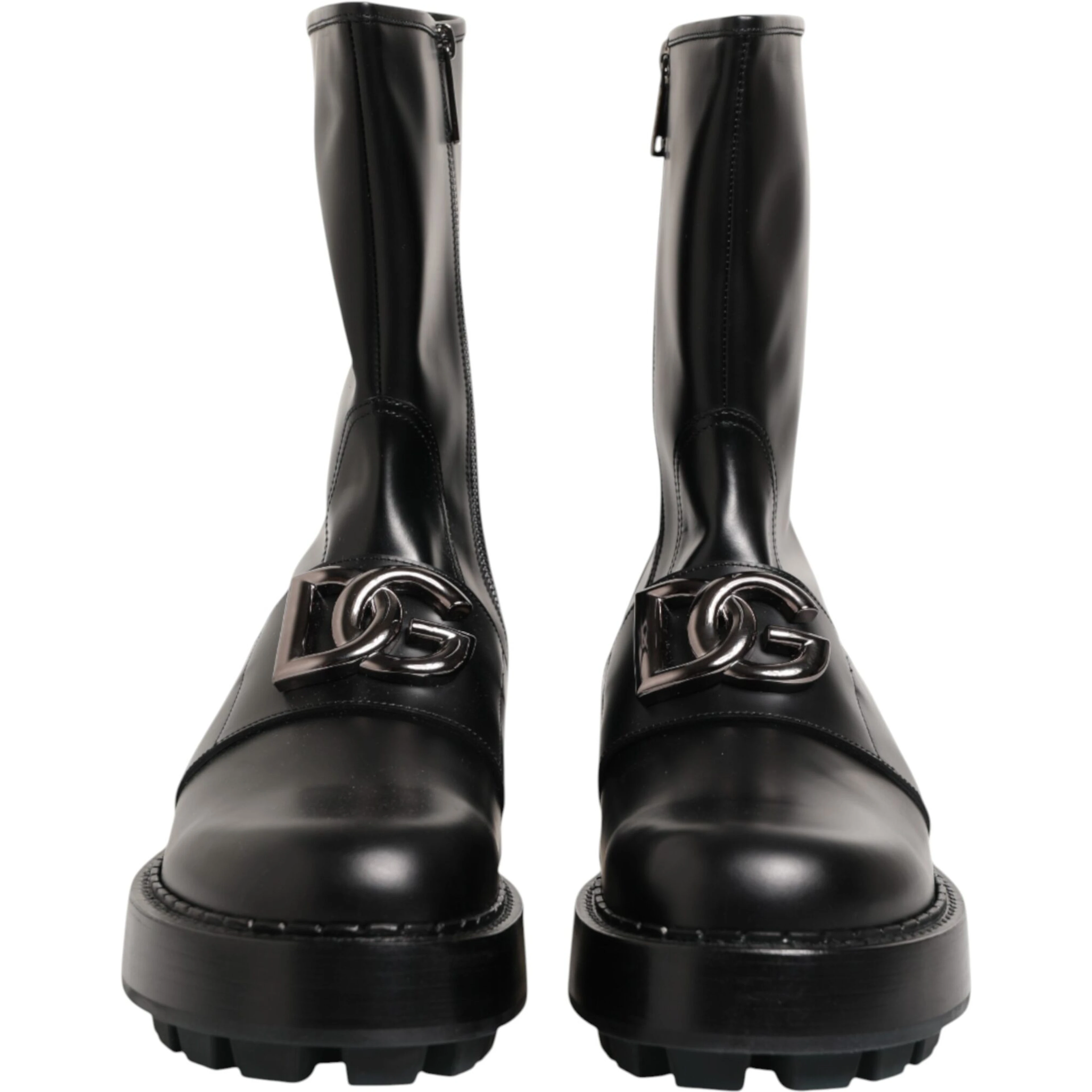Black Logo Plaque Mid Calf Biker Boots Shoes