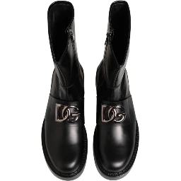 Black Logo Plaque Mid Calf Biker Boots Shoes