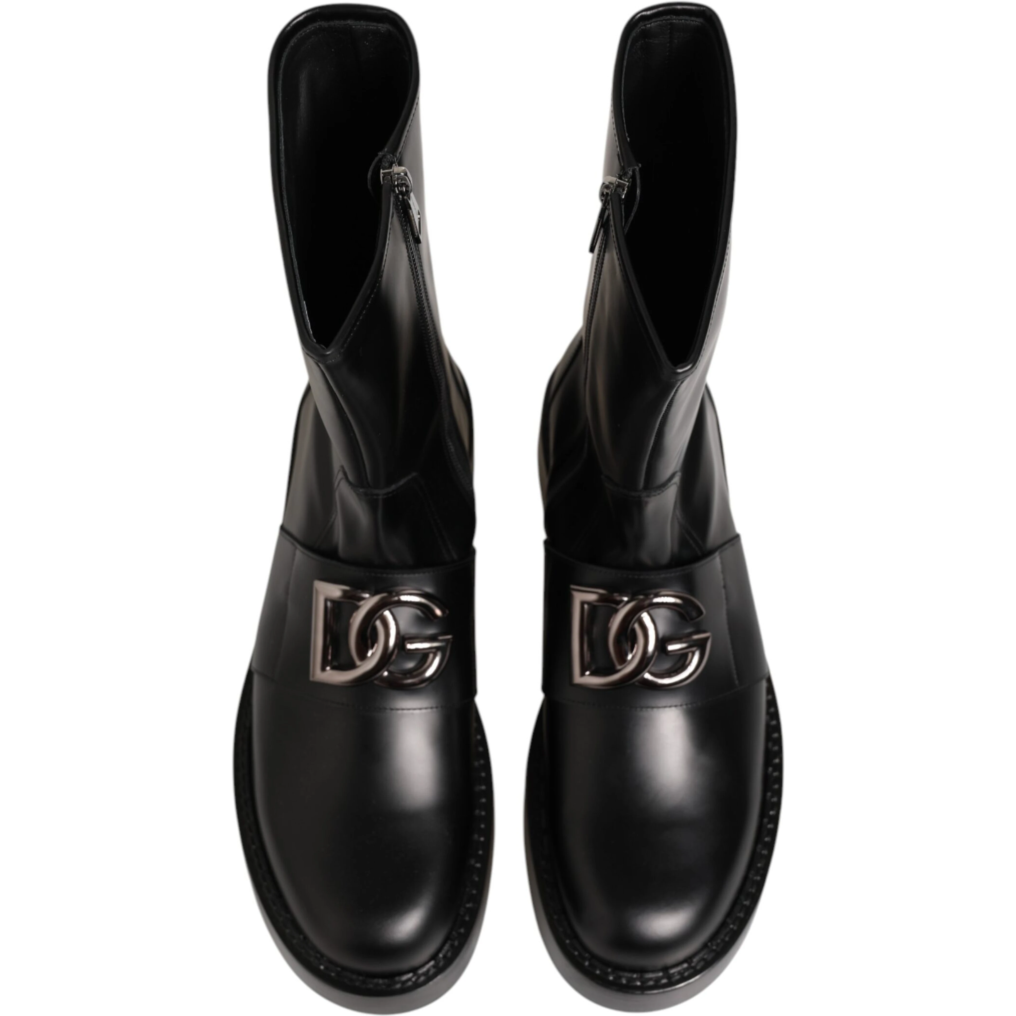 Black Logo Plaque Mid Calf Biker Boots Shoes