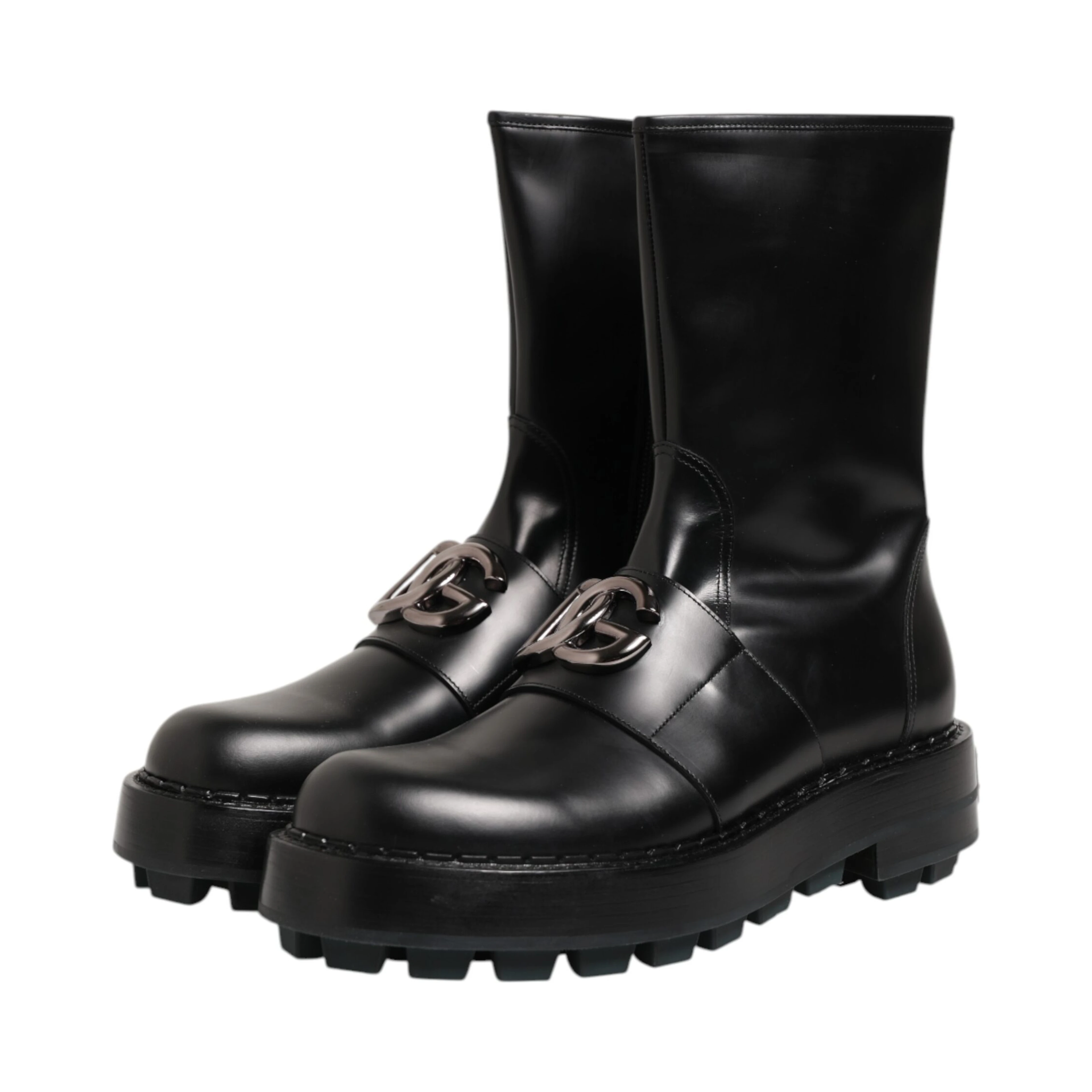 Black Logo Plaque Mid Calf Biker Boots Shoes