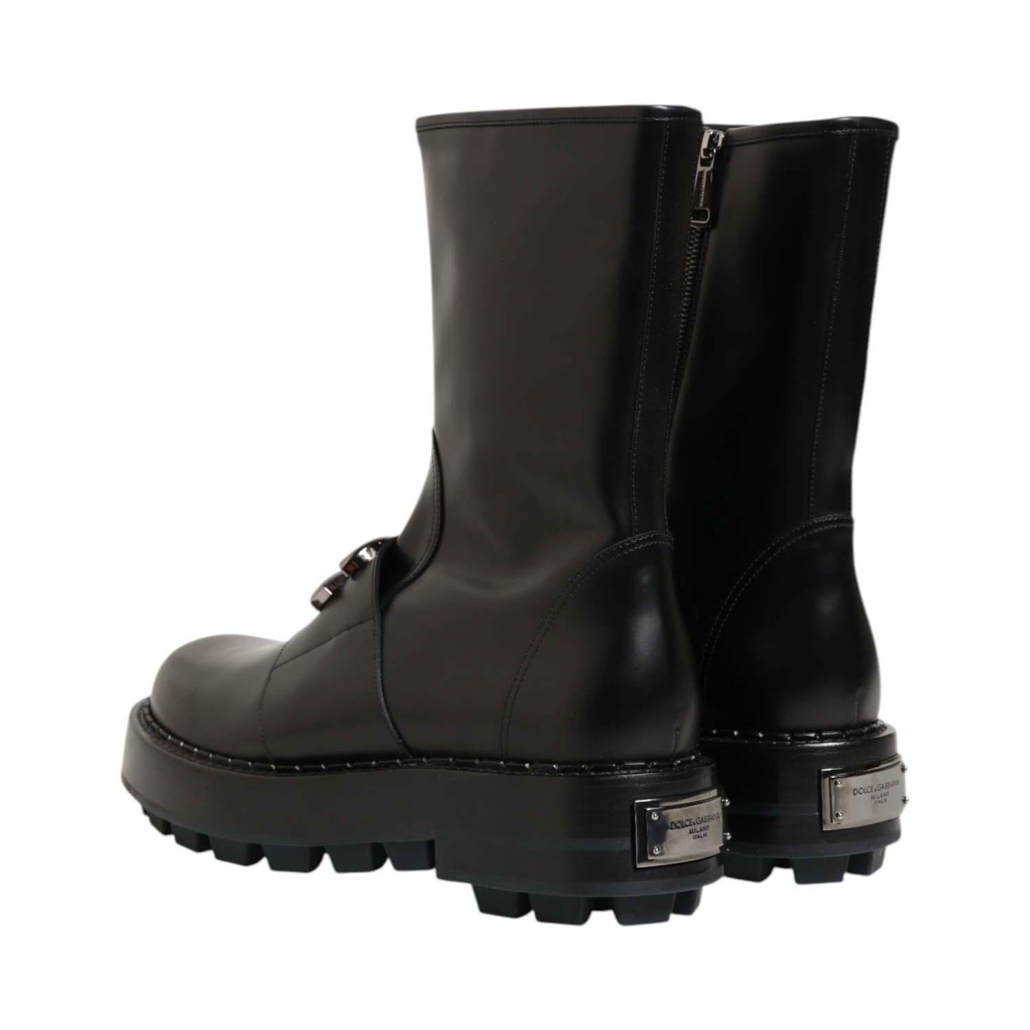 Black Logo Plaque Mid Calf Biker Boots Shoes
