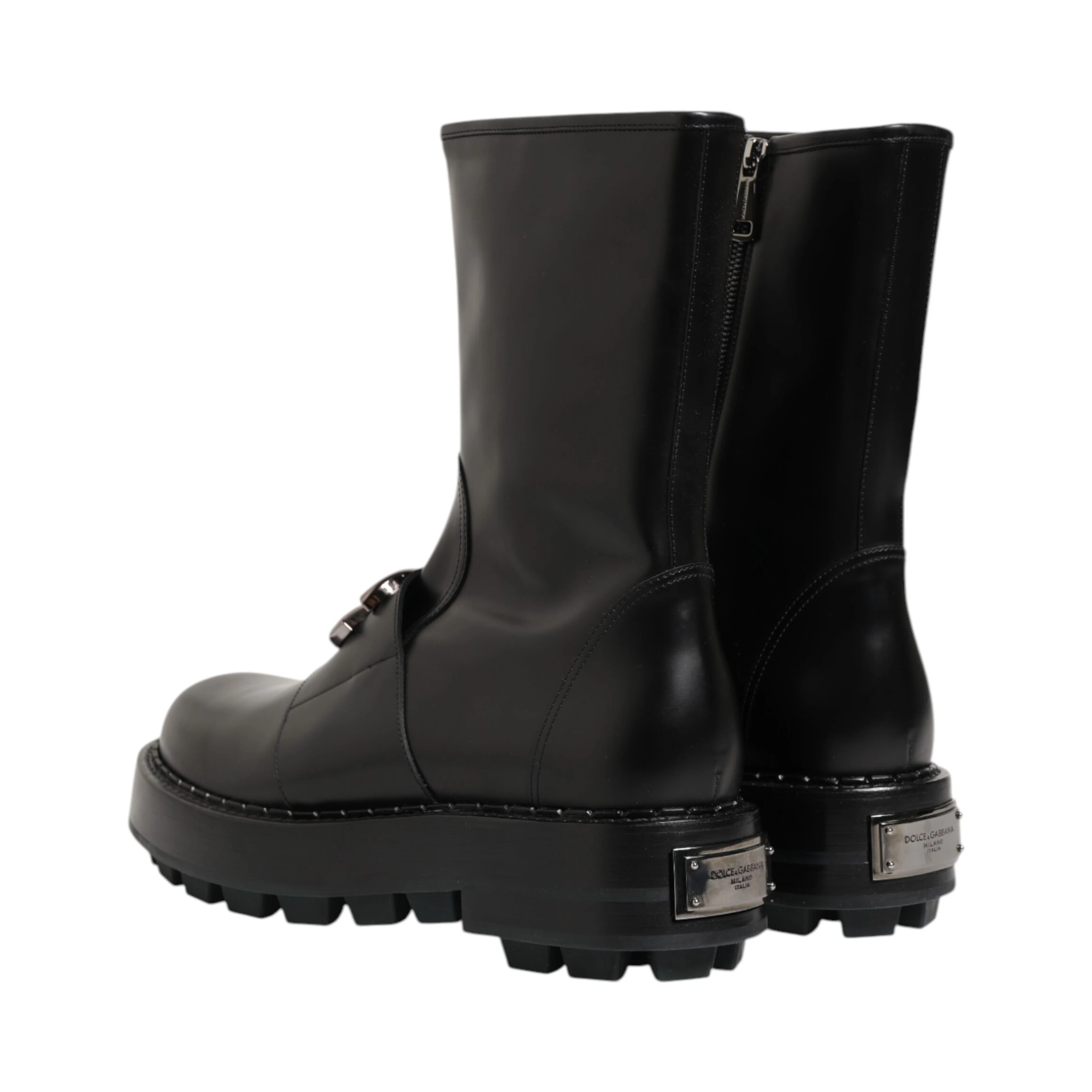 Black Logo Plaque Mid Calf Biker Boots Shoes