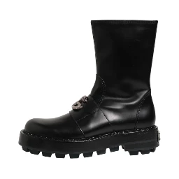 Black Logo Plaque Mid Calf Biker Boots Shoes