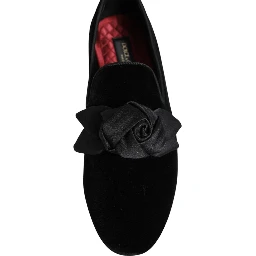 Black Suede Cotton Rose Slip On Loafers Shoes