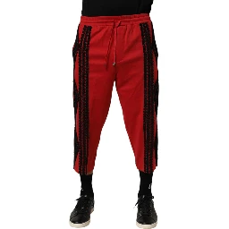 Red Embroidered Casual Cropped Trouser Pants