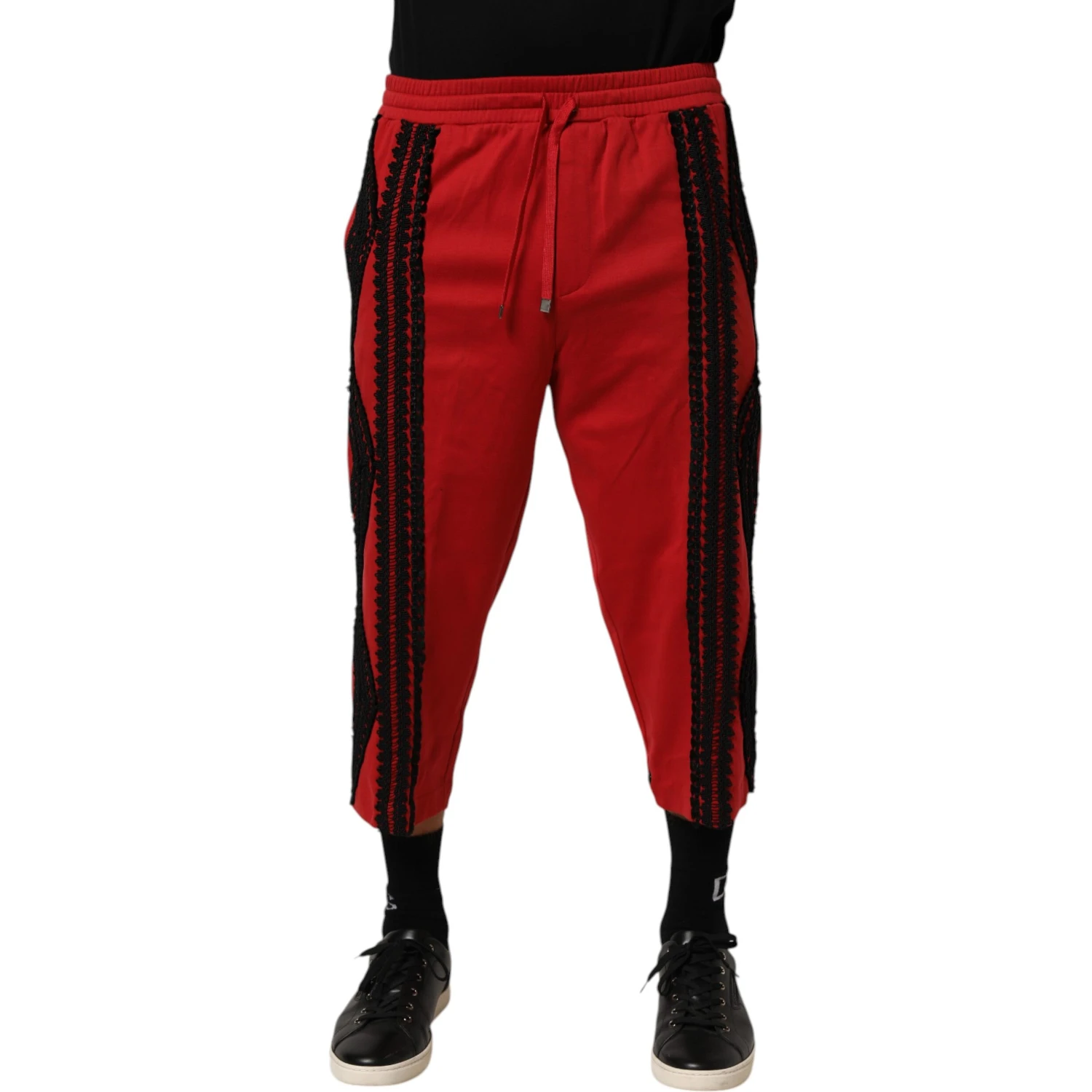 Red Embroidered Casual Cropped Trouser Pants