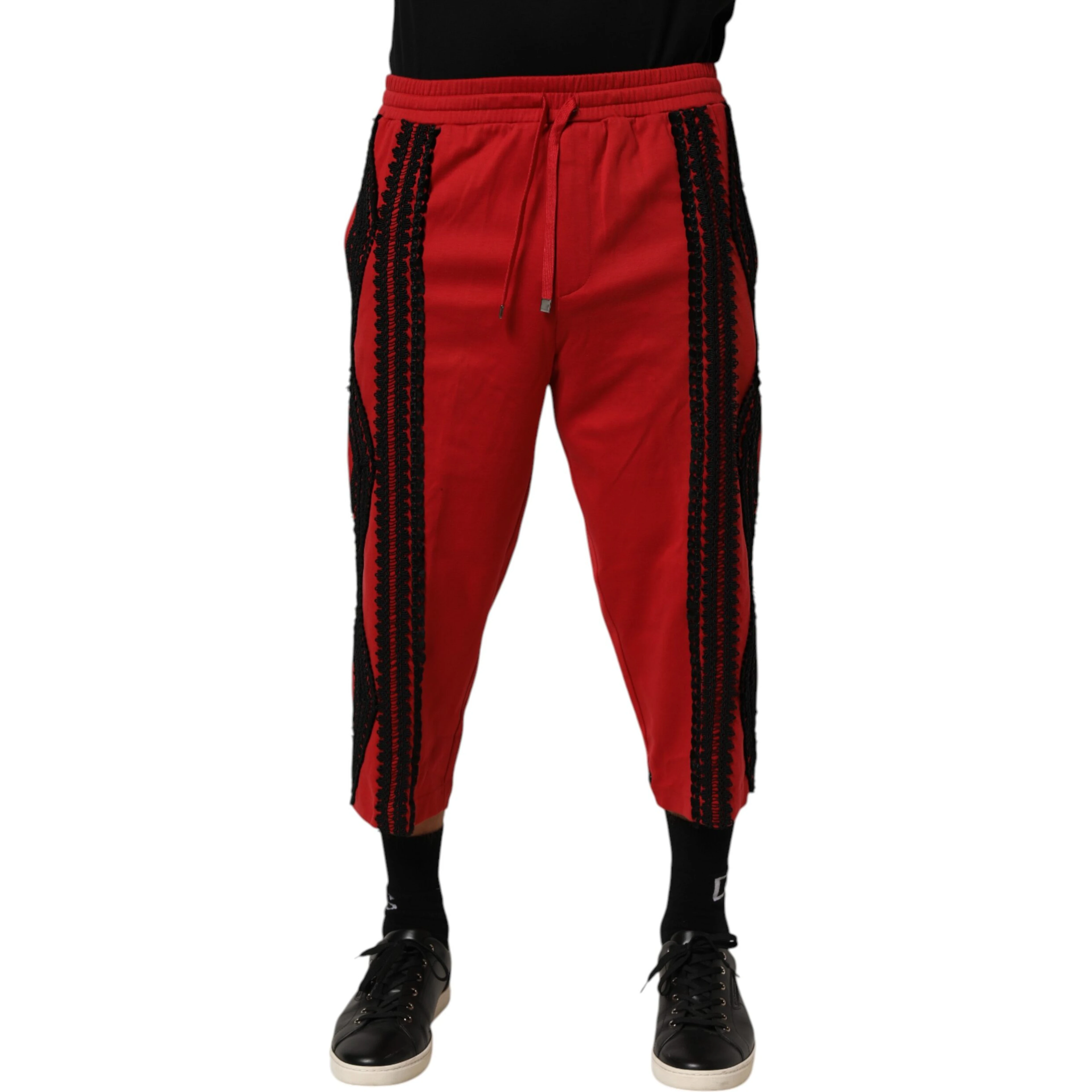Red Embroidered Casual Cropped Trouser Pants