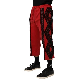 Red Embroidered Casual Cropped Trouser Pants