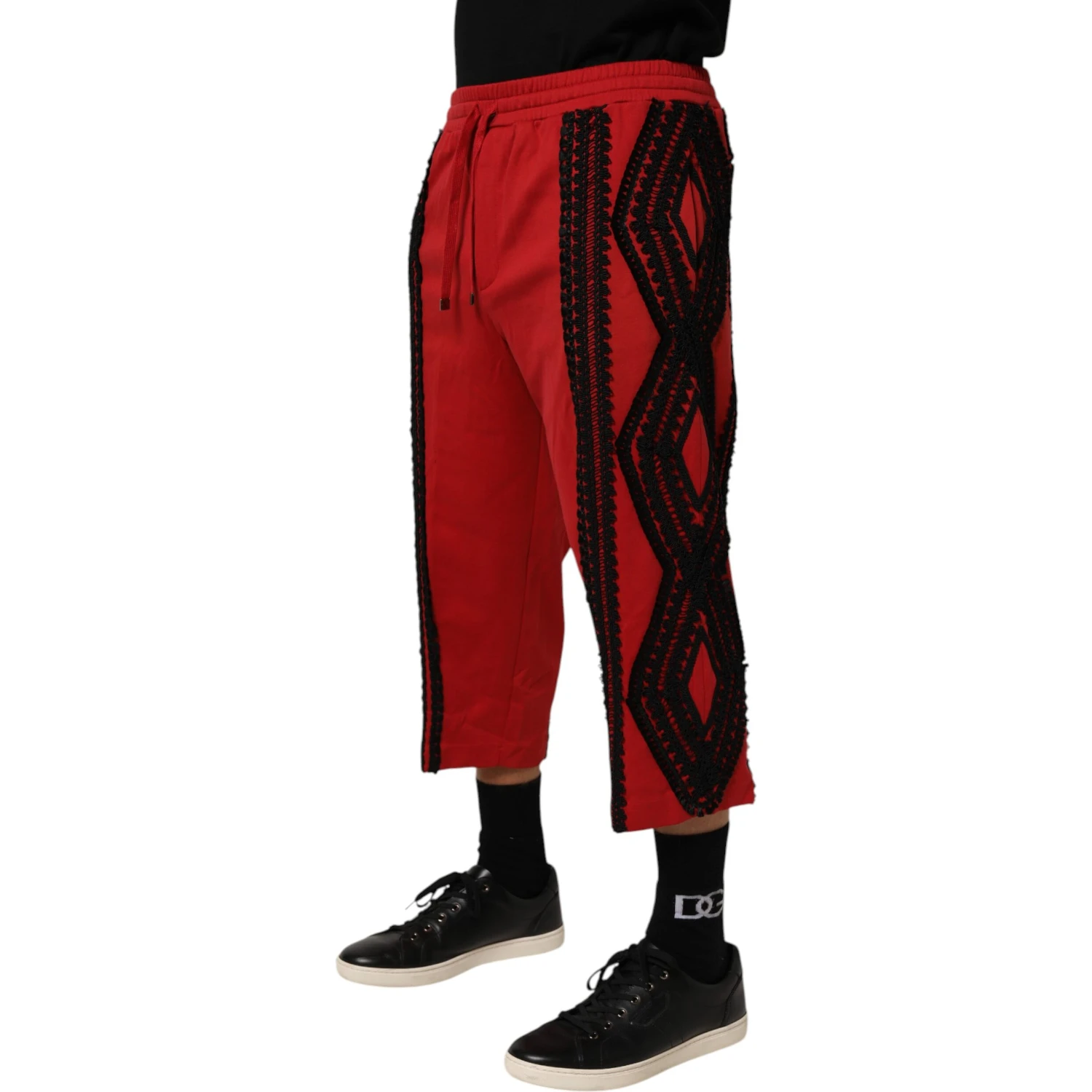 Red Embroidered Casual Cropped Trouser Pants