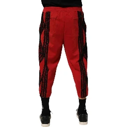 Red Embroidered Casual Cropped Trouser Pants