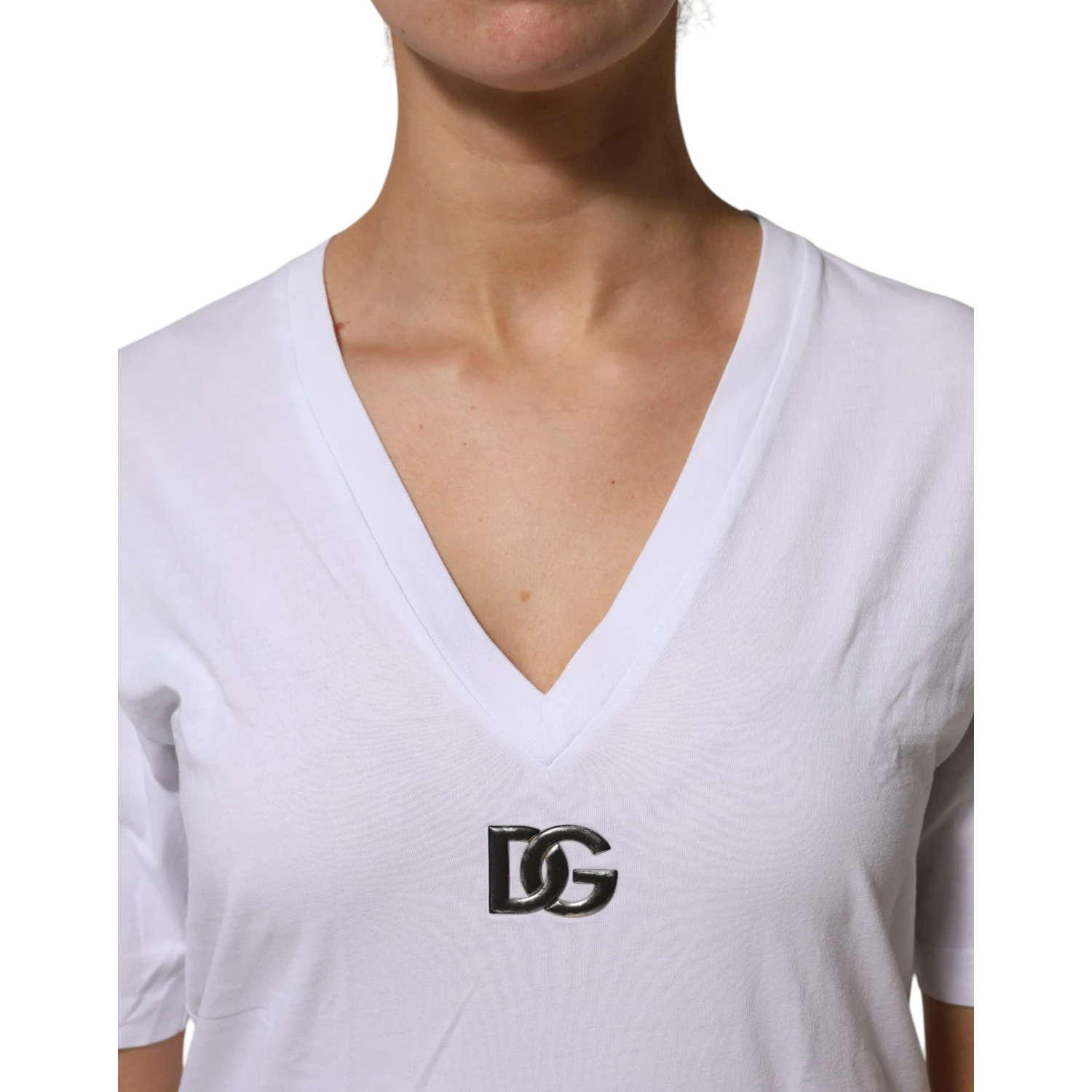 White Cotton V-Neck Short Sleeves T-Shirt