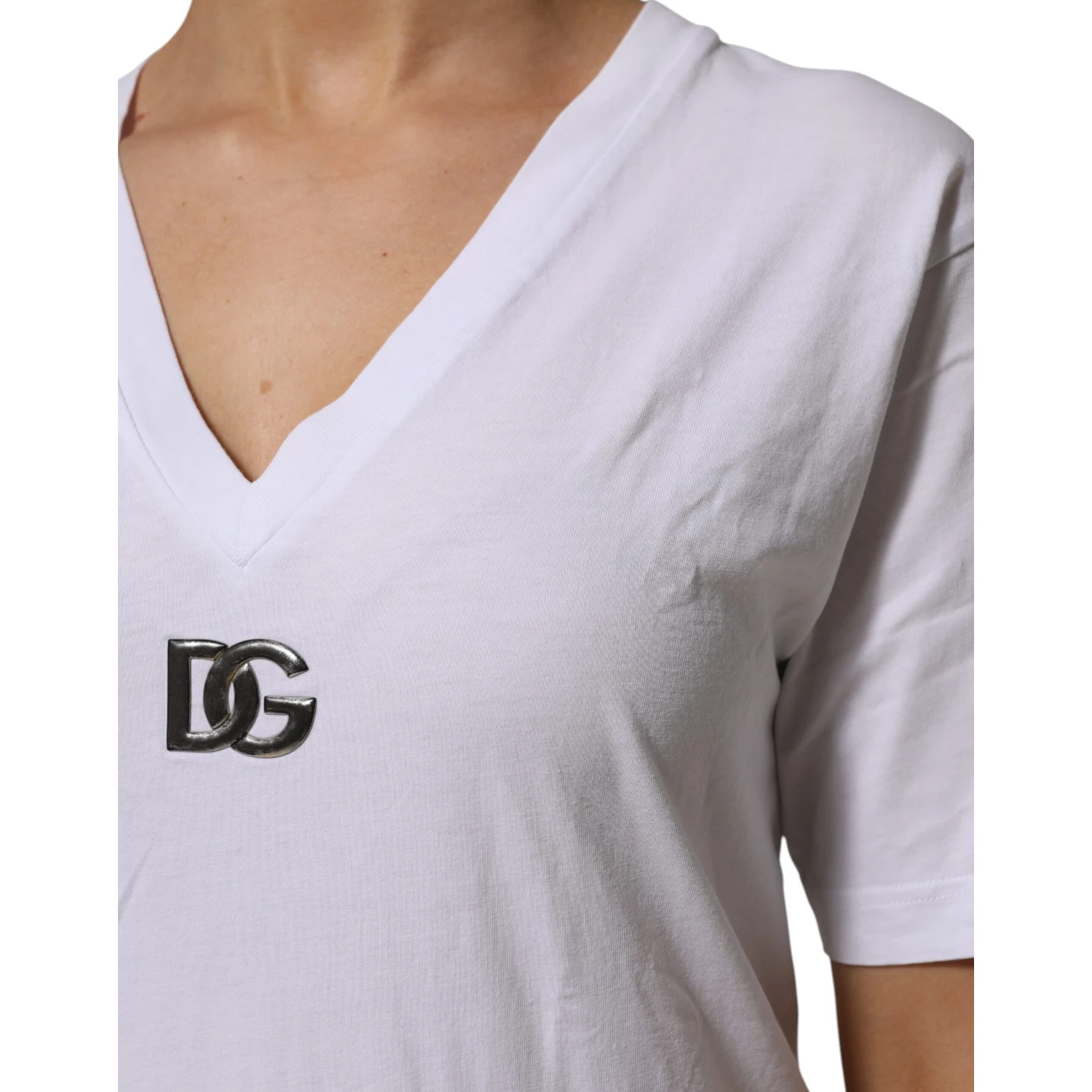 White Cotton V-Neck Short Sleeves T-Shirt
