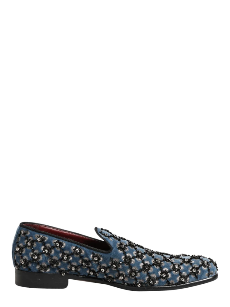 Blue Velvet Crystal Detailing Loafer Men Shoes