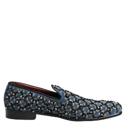 Blue Velvet Crystal Detailing Loafer Men Shoes