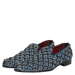 Blue Velvet Crystal Detailing Loafer Men Shoes