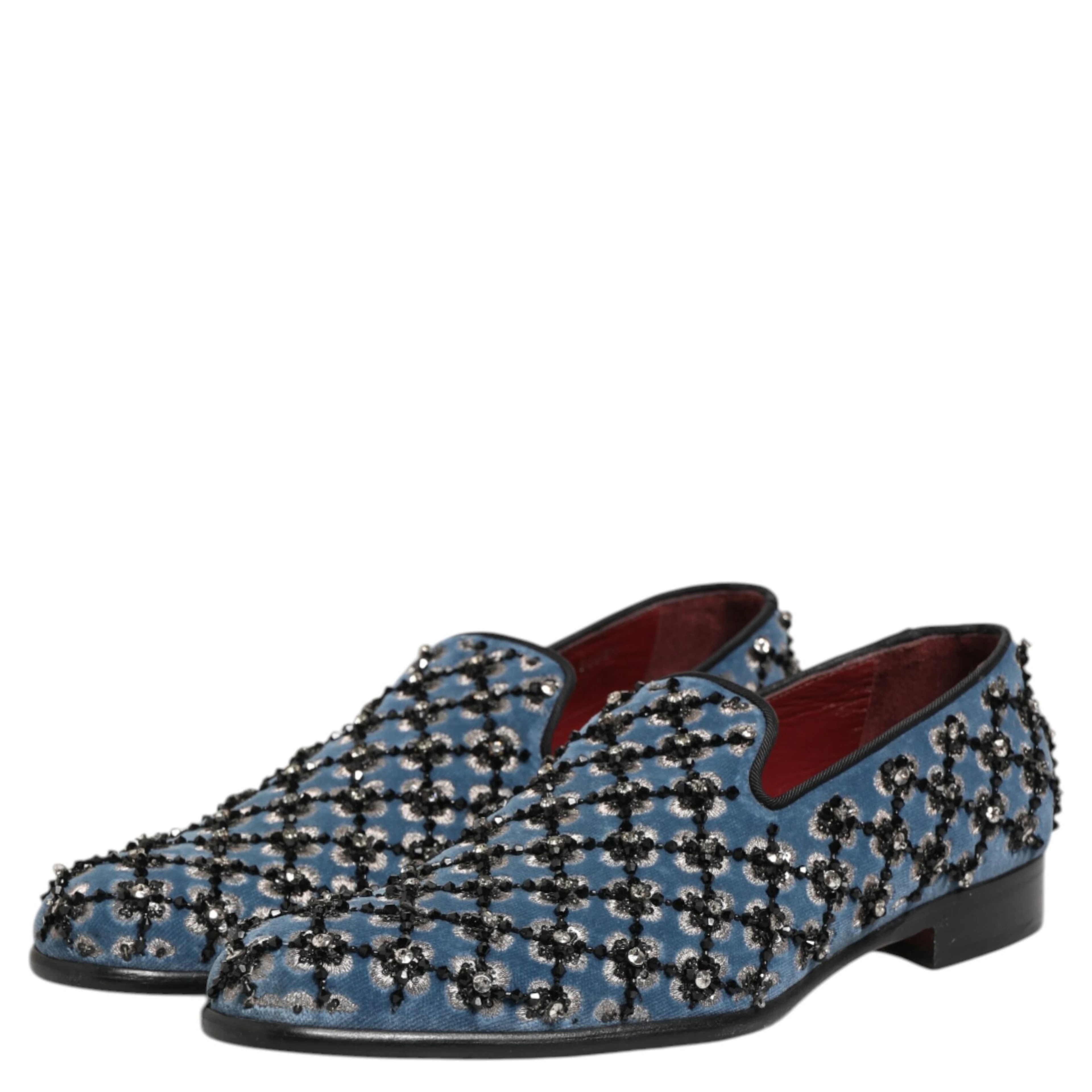 Blue Velvet Crystal Detailing Loafer Men Shoes