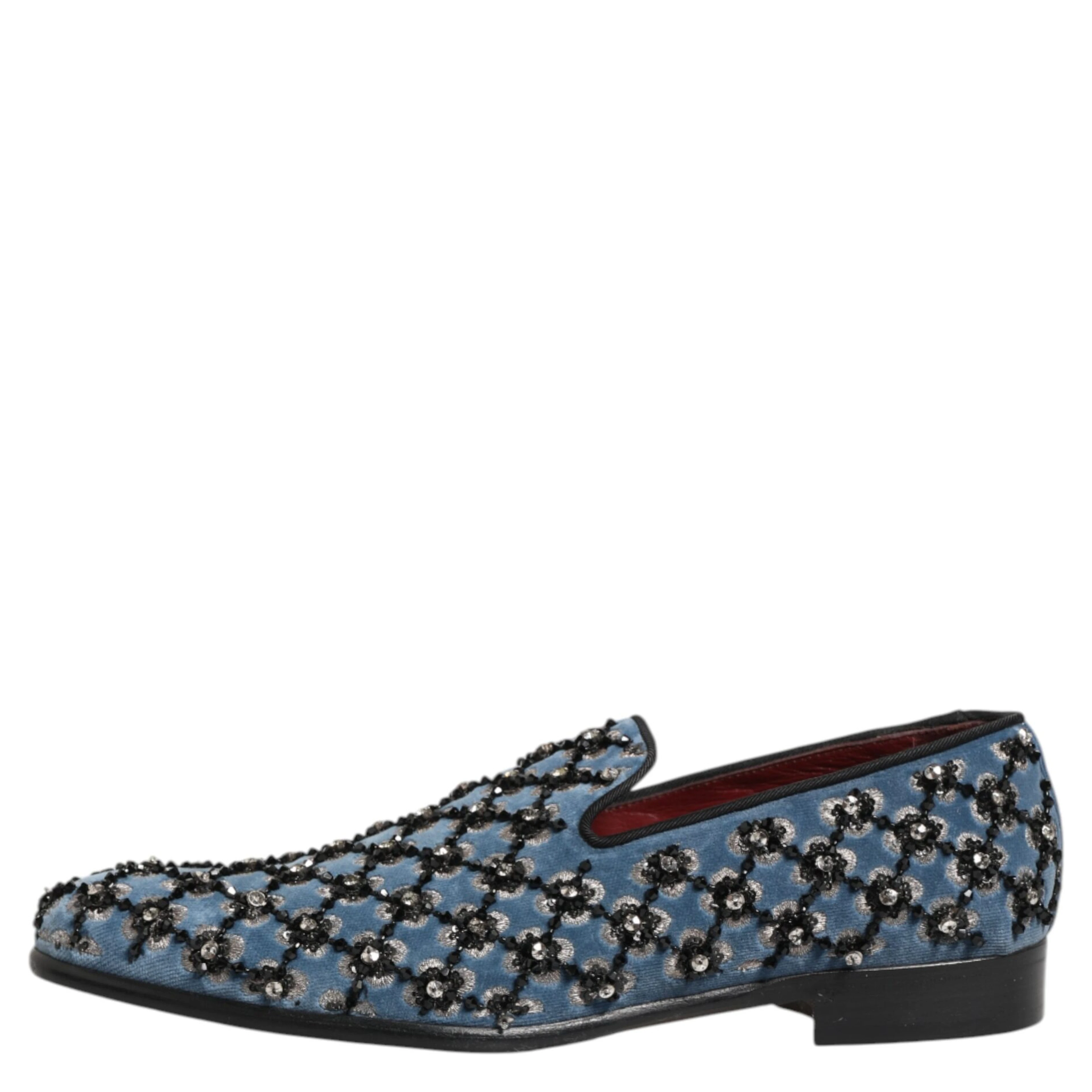 Blue Velvet Crystal Detailing Loafer Men Shoes