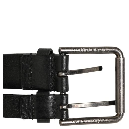 Black Double Strap Leather Silver Buckle Belt